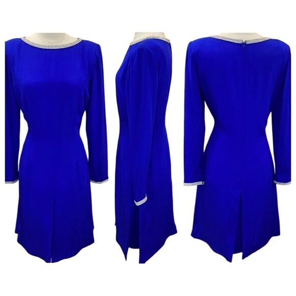 Jaw Dropping Vintage 1960’s / 1970s Neon Cobalt Rhinestone Trim Dress - Picture 1 of 13